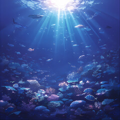 Fototapeta na wymiar Luminous Underwater Paradise with Schools of Fish and Radiant Coral Reefs