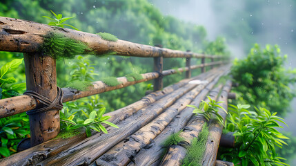 Fototapeta premium Wooden bridge crossing a scenic stream in a lush forest, tranquil path inviting a peaceful journey