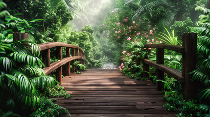 Obraz premium Wooden bridge crossing a serene river in a lush tropical forest, morning fog adding a touch of mystery