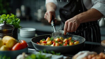 A gourmet kitchen scene with a chef preparing a dish, perfect setup for YouTube thumbnail