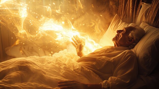 Solemn Transition: Soul Ascending in Radiant Light Beside Grieving Loved One