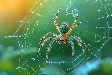 Vibrant spider on dewy web closeup shot