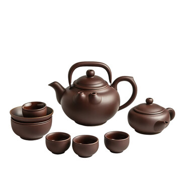 Chinese traditional teapo and cups set on white background,png