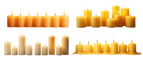 Set of pillar candles with flames illuminated, cut out