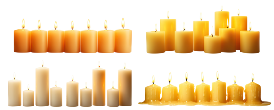 Set of pillar candles with flames illuminated, cut out