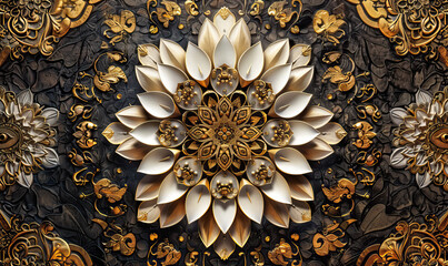 A close-up view of an ornate mandala design with gold accents. Generate AI