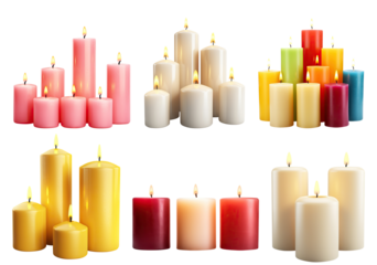 Set of pillar candles with flames illuminated, cut out