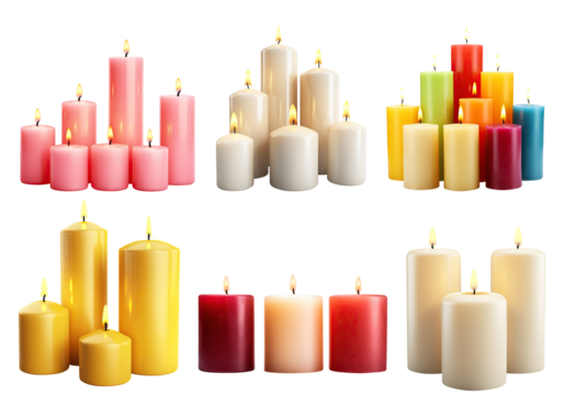 Set of pillar candles with flames illuminated, cut out