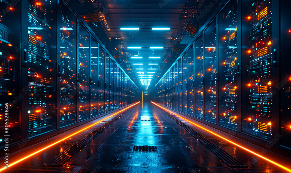 Poster data technology center server racks dark room vfx visualization internet of things data flow digital