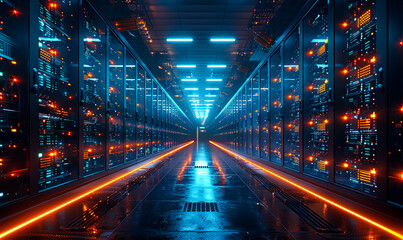 Fototapeta premium Data Technology Center Server Racks Dark Room VFX Visualization Internet of Things Data Flow Digitalization Internet Traffic Complex Electric Equipment Warehouse