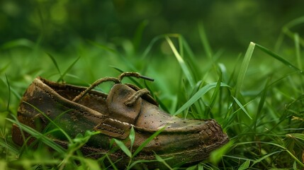 A small, worn-out shoe on lush green grass, symbolizing the abandonment of hard labor by children