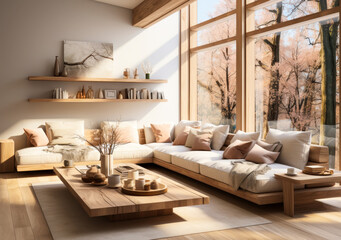 Japandi Scandinavian Interior Design, Sunny Apartment Livingroom, Plaster Wood 3D Render Illustration