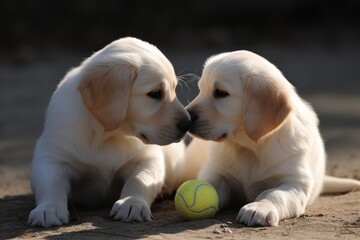Two cute golden retriever puppies playing with one tennis ball.