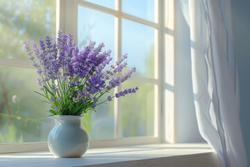 White ceramic vase with lavender flowers stands on the windowsill, a bright sunny day outside the window, white curtains fluttering in the wind. Pleasant atmosphere of home comfort and relaxation.