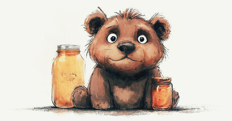 illustrazione con piccolo cucciolo di orso dallo sguardo simpatico con vasetti di miele - obrazy, fototapety, plakaty