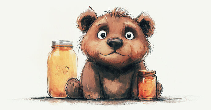 illustrazione con piccolo cucciolo di orso dallo sguardo simpatico con vasetti di miele