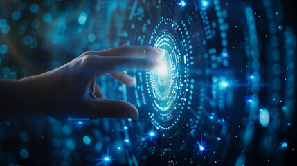 
Hand touching digital shield with binary code and hologram on dark blue background, security concept. Vector illustration in the style