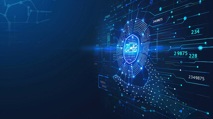 
Hand touching digital shield with binary code and hologram on dark blue background, security concept. Vector illustration in the style