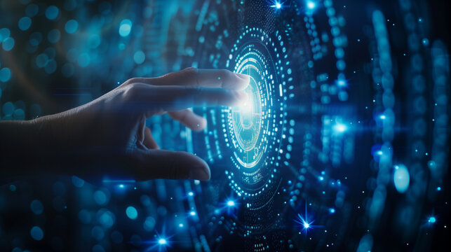 
Hand touching digital shield with binary code and hologram on dark blue background, security concept. Vector illustration in the style
