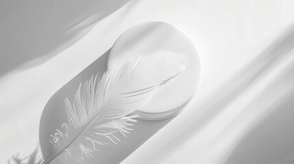 An ultra-detailed top-view photograph of a white simple mock-up foundation cushion packaging with no pattern, capturing the interplay between light and shadow on a feather, with soft shadow