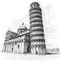An Intricate Pencil Sketch Capturing the Ancient Grandeur of the Famous Leaning Tower in Italy