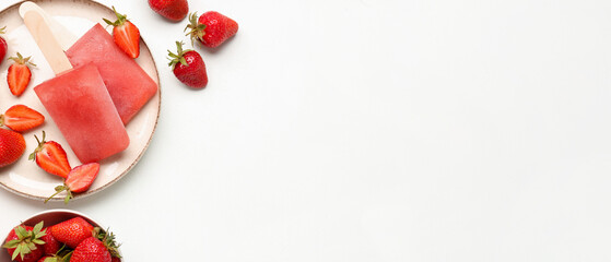 Plate with sweet strawberry ice-cream popsicles and bowl of berries on white background