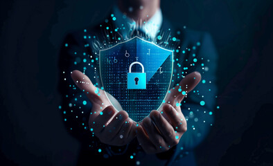 
Man's hands holding a virtual digital shield with a lock and binary code, representing a data protection concept for internet security system technology background. A businessman's hand touching a cy