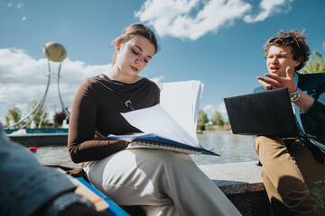 Two businesspeople, one holding documents and the other a laptop, deeply engaged in a strategic...