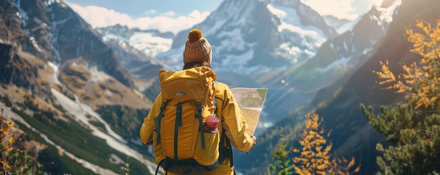 A back view of the hiker with backpack looking for the maps in the mountains. Finding the path to climb, view from behind.