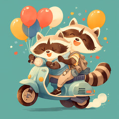 Delightful Illustration of Two Raccoons Enjoying an Exciting Ride on a Vespa with Balloons