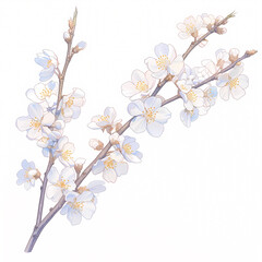 A Vibrant Botanical Illustration of an Almond Branch in Full Bloom with a Black Outline