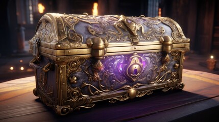 Ornate golden treasure chest with glowing purple interior