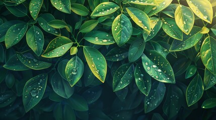 Fototapeta premium Fantastic illustration of leaves and sparkling water droplets