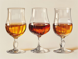Trois verres d'alcools forts : cognac, armagnac, calvados, liqueur, eau de vie, rhum ambré - obrazy, fototapety, plakaty