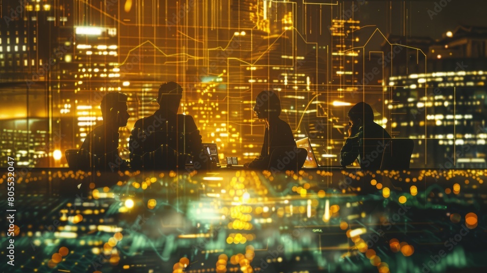 Aufkleber A business team brainstorming investment strategies while surrounded by financial charts and graphs, focusing on gold as a stable asset.