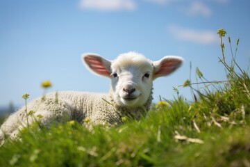 Fototapeta premium Adorable lamb in grassy field