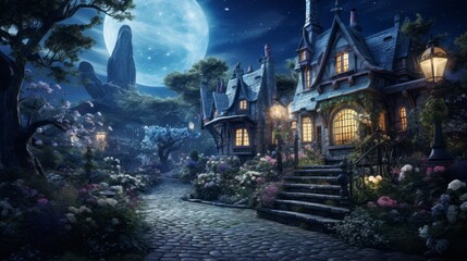 Fototapeta na wymiar Fairy Tale Village by Moonlight