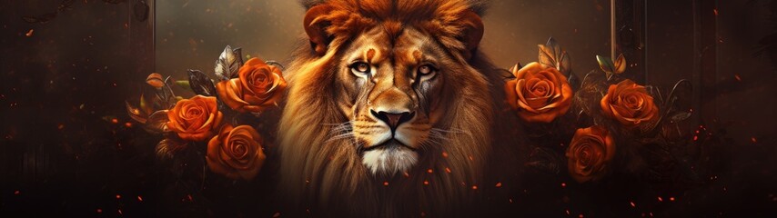 Fototapeta premium majestic lion surrounded by orange roses