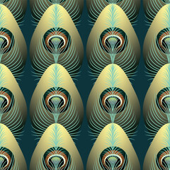 Abstract, geometric peacock gold feather motif on an emerald green background, vector pattern