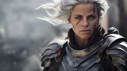 Fierce warrior woman with windblown hair