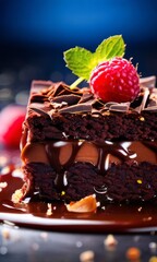 Decadent chocolate cake adorned with fresh raspberries, drizzled with rich chocolate sauce, perfect combination of sweet, tart flavors. For advertise cafe, patisserie, restaurant, food blog, cookbook.