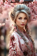 Elegant woman with floral dress and hairstyle in spring blooming garden