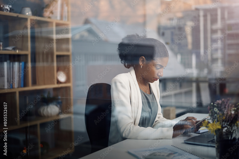 Poster Black woman, tablet and business analyst with window at desk in an office with analytics work. Internet, research and digital startup with a professional and tech with typing information for project