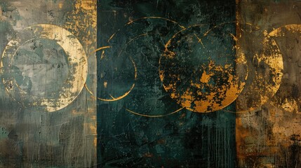 Textured Abstract: Gold and Dark Green Circles with a Distressed Finish