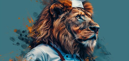 A lion on solid background, represented as a chef in a kitchen, wearing a white chef's hat and apron,  illustration stlye