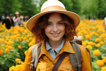 Unidentified woman Adventurer in Stylish Hat and Backpack Immersed in the Beauty of a Vibrant Yellow Flower Field - Concept of Nature Exploration, Outdoor Adventure, and Travel Lifestyle