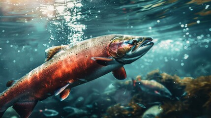 A captivating underwater shot of majestic salmon gracefully swimming upstream, symbolizing resilience and determination.