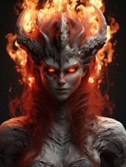 Demonic fantasy creature with fiery hair and glowing eyes