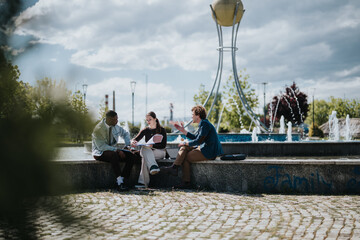 In a vibrant city park, mixed race business coworkers are engaged in a strategic meeting, analyzing documents and discussing key points by a fountain.