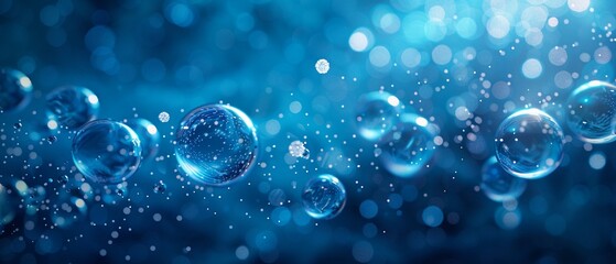 A mesmerizing abstract 3D illustration featuring a bluecolored background filled with bubbles and balls, evoking a sense of wonder and curiosity 8K , high-resolution, ultra HD,up32K HD